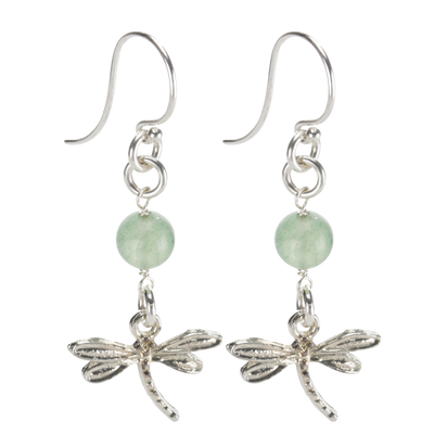 Sterling Silver Dragonfly Earrings Handcrafted Jewelry Green Aventurine Drop Earrings