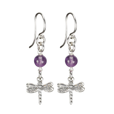 Sterling Silver Dragonfly Earrings Handcrafted Jewelry Amethyst Drop Earrings