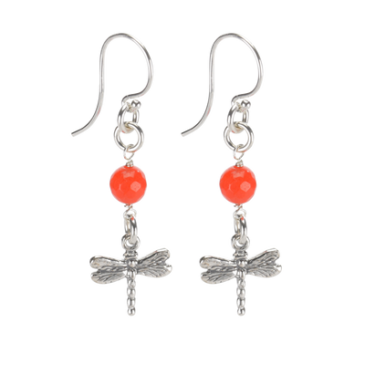 Sterling Silver Dragonfly Earrings Handcrafted Jewelry Orange Malay Jade Drop Earrings