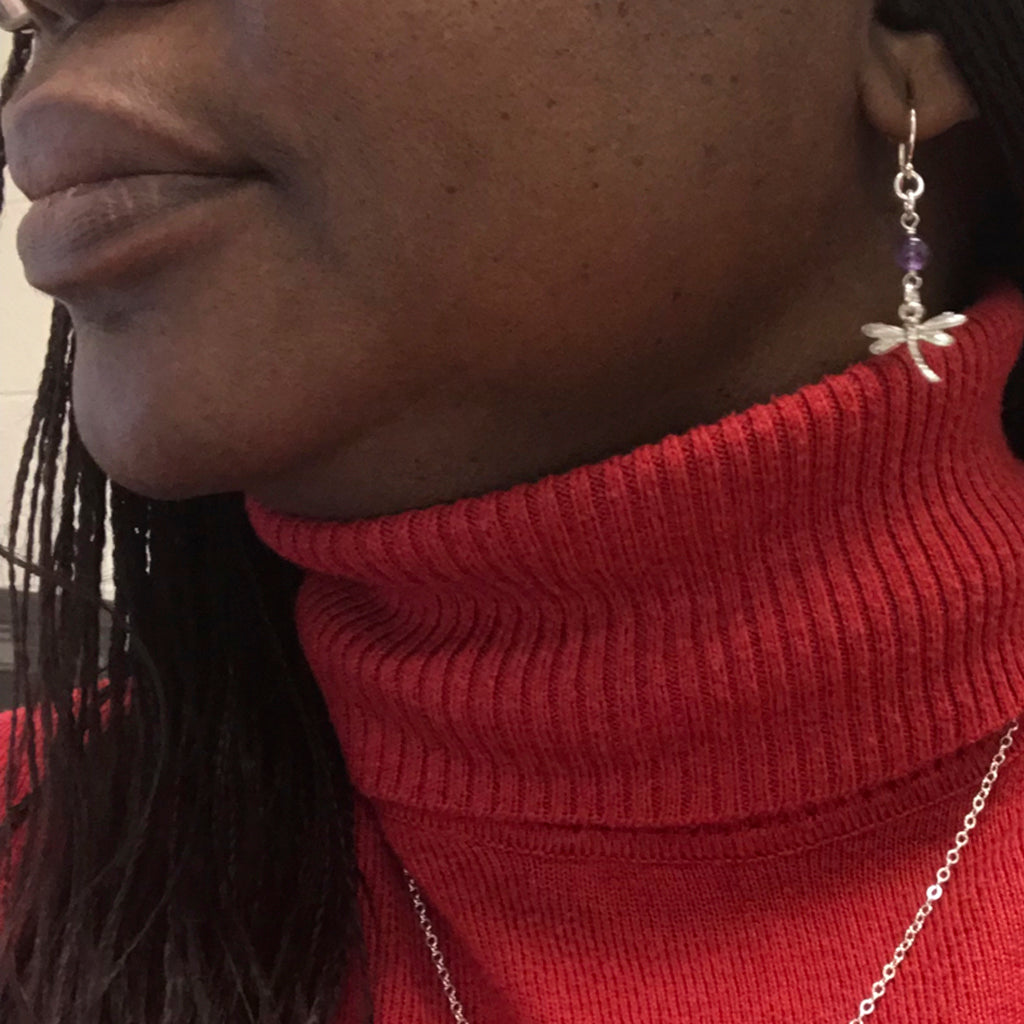 Sterling Silver Dragonfly Earrings Handcrafted Jewelry Garnet Drop Earrings