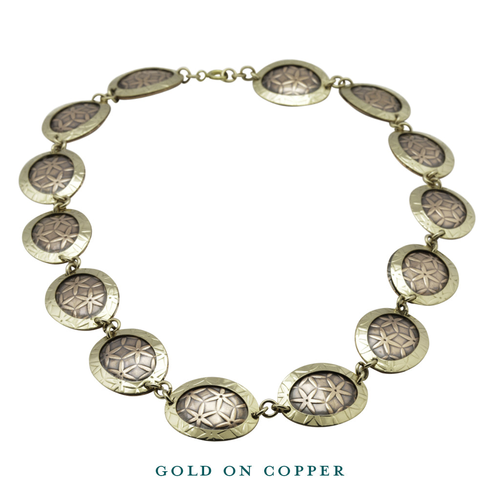 gold on copper oval disc necklace