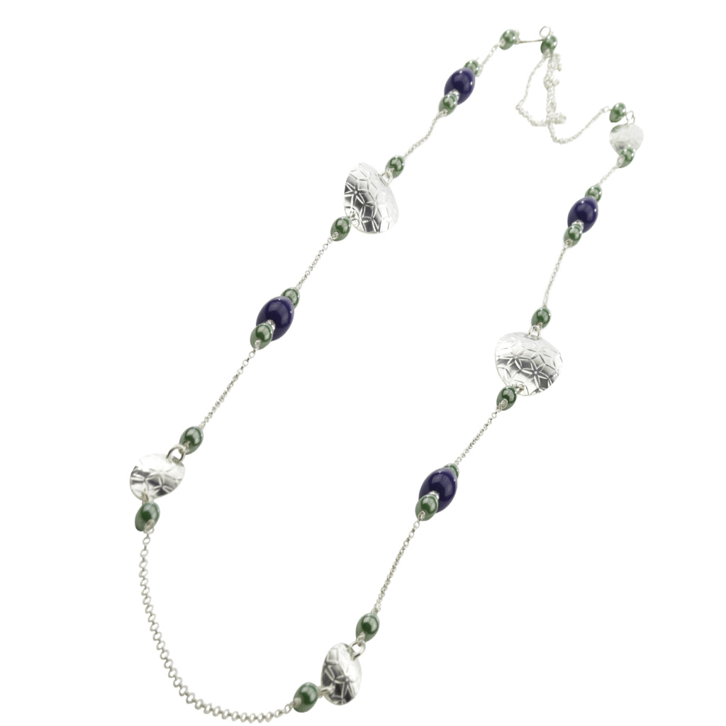 Necklace-Oval Disc Long Crystal Pearl Necklace - Silver