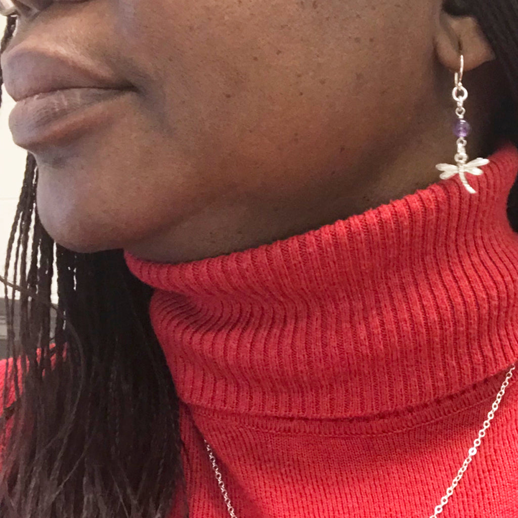 Sterling Silver Dragonfly Earrings Handcrafted Jewelry Amethyst Drop Earrings_1