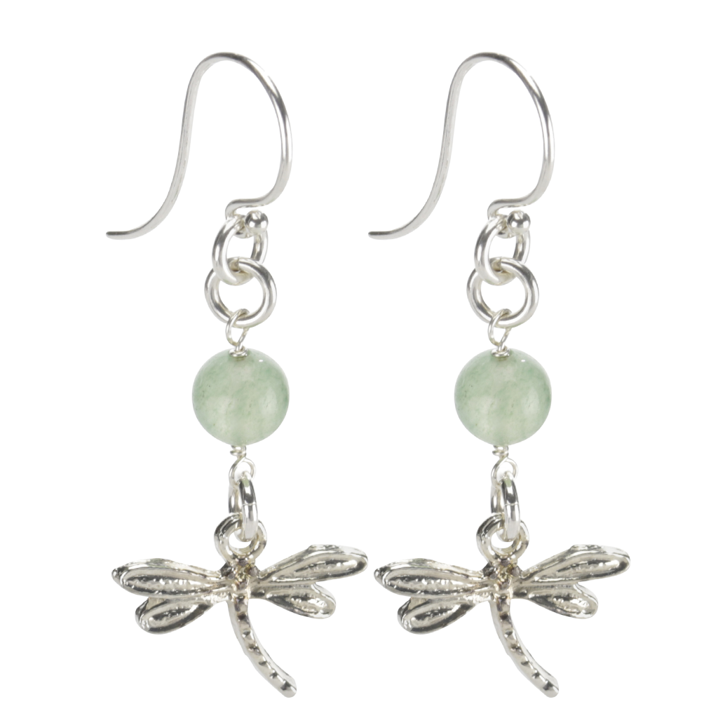 Sterling Silver Dragonfly Earrings Handcrafted Jewelry Green Aventurine Drop Earrings