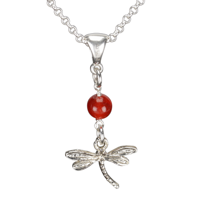 Sterling Silver Dragonfly Necklace Handcrafted Jewelry Red Malay Jade Pendant Necklace