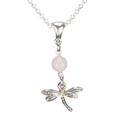 Sterling Silver Dragonfly Necklace Handcrafted Jewelry Rose Quartz Pendant Necklace