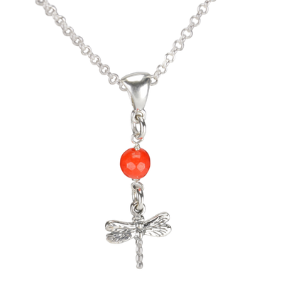 Sterling Silver Dragonfly Necklace Handcrafted Jewelry Orange Malay Jade Pendant Necklace