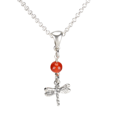 Sterling Silver Dragonfly Necklace Handcrafted Jewelry Red Malay Jade Pendant Necklace