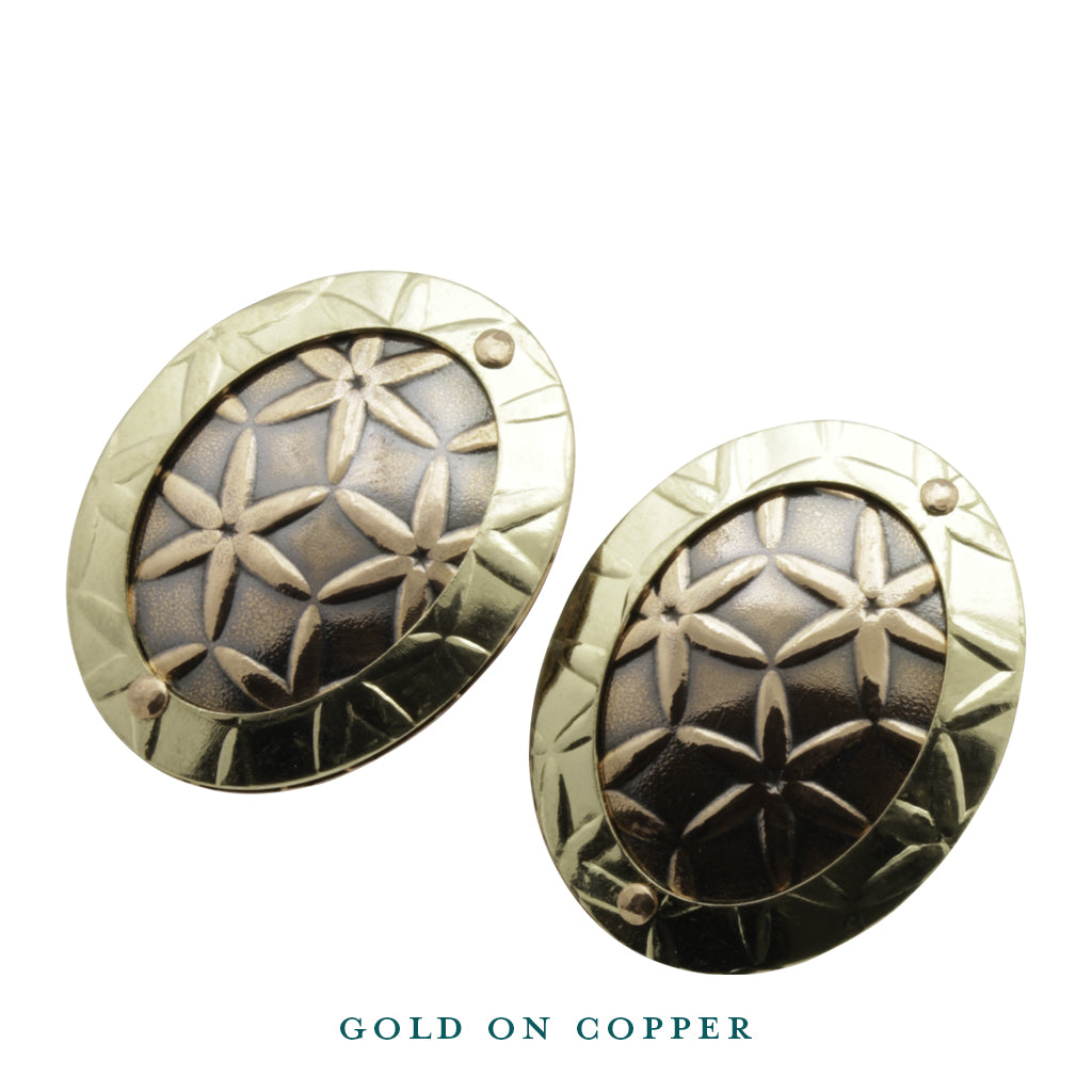 oval disc gold on copper stud earrings front view