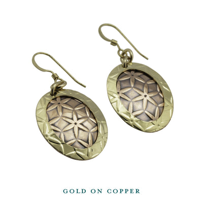 Handcrafted Gold Copper Dangle Earrings Mixed Metal Jewelry, Oval Earrings